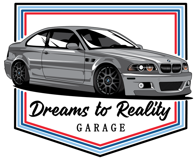 Dreams to Reality Garage logo: a gray BMW M3 coupe on a shield badge with red, white and blue stripes